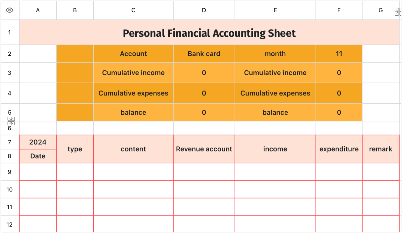 Personal financial accounting form